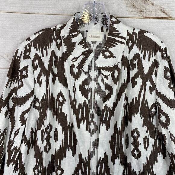 Chico's Womens Cardigan Top Sz 2 L 12 Brown White Open Front Tribal 3/4 Sleeve - Picture 2 of 11